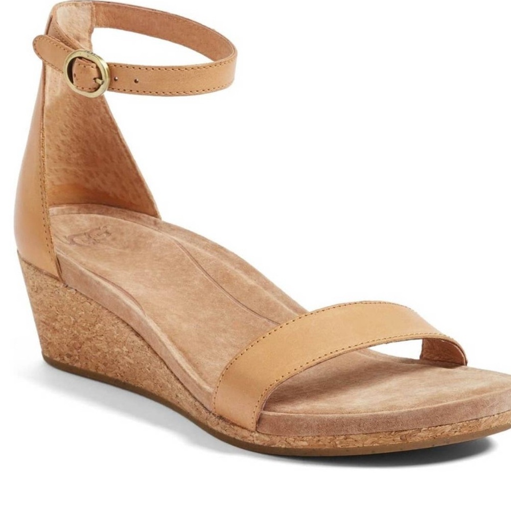 UGG Tan Leather  Emilia Ankle Strap Cork Wedge Sandals Womens Size 7